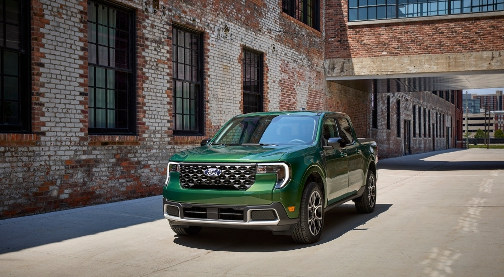 A green 2025 Ford Maverick for sale is shown from the front at an angle.