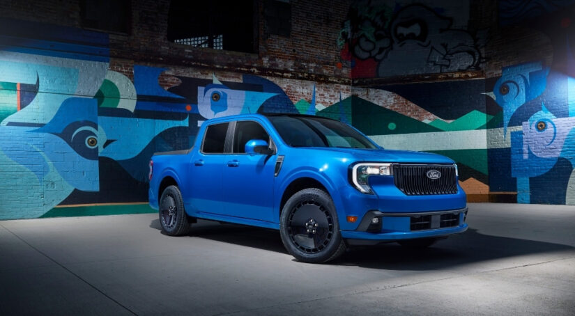 A blue 2025 Ford Maverick Lobo is shown from the front at an angle.