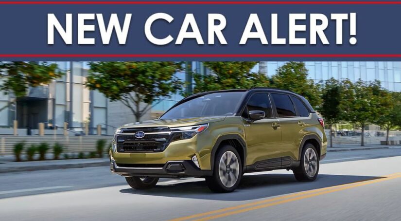 A green 2025 Subaru Forester Hybrid is shown driving on a city street.