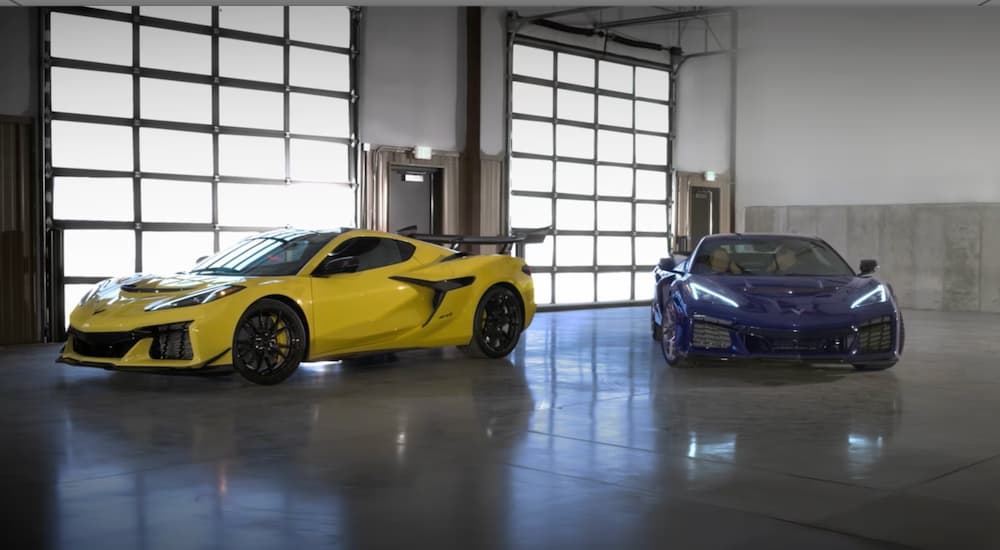 A blue and yellow custom Chevrolet Corvette ZR1