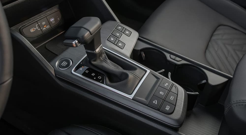 Close-up of the center console in a 2026 Kia Sportage.