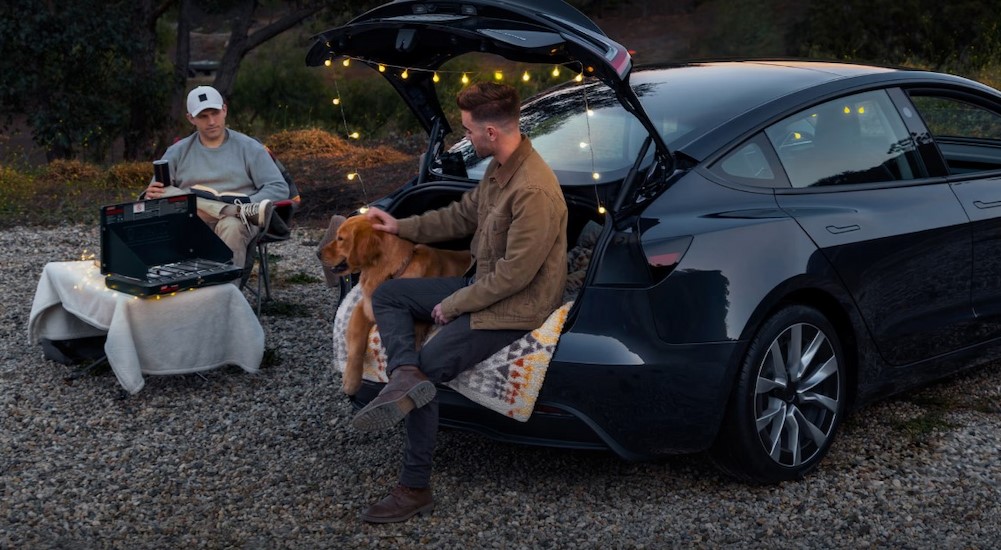 A black 2025 Tesla Model 3 parked off-road.