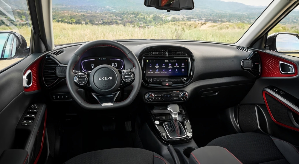 Red and black interior in a 2025 Kia Soul 