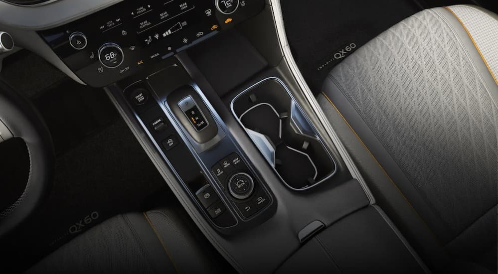 Close-up of a center console in a 2026 Infiniti QX60.