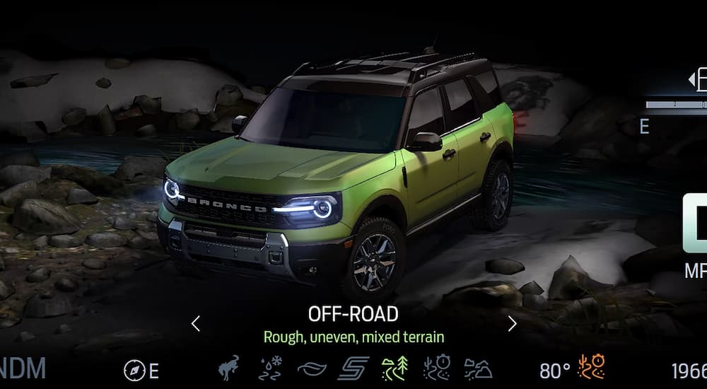 Infotainment system on a 2025 Ford Bronco Sport displaying off-road drive modes.