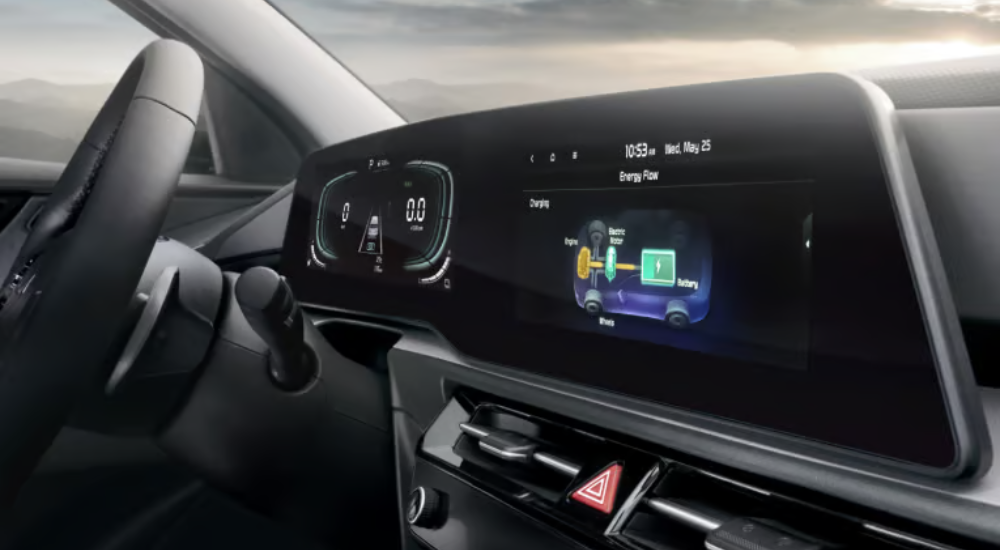Infotainment system and digital gauge cluster on a 2025 Kia Niro for sale. 