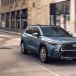 A blue 2025 Toyota Corolla Cross for sale from the front at an angle.