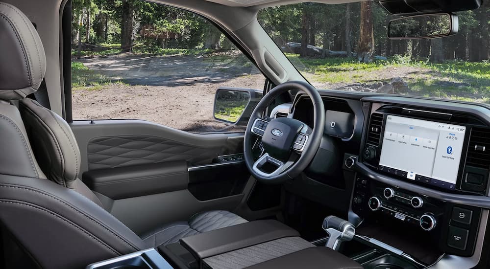 Gray leather seating and dashboard in a 2026 Ford F-150