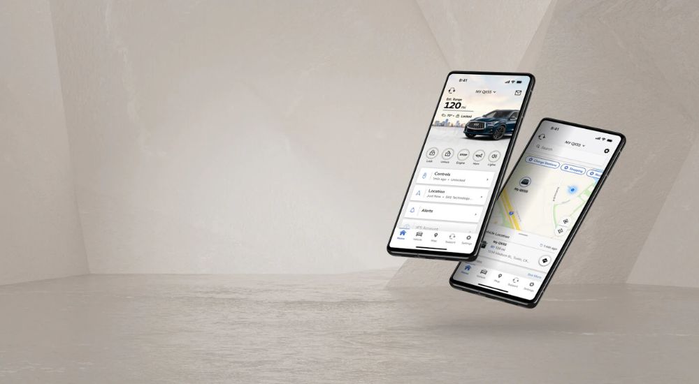 Two phones showing the Infiniti InTouch app for a 2026 Infiniti QX55.